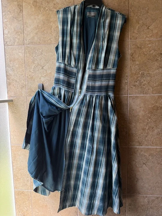 The Tommie Midi Dress Cap-sleeve Blue Plaid Zip-Front Pockets Anthropologie L - Picture 9 of 16